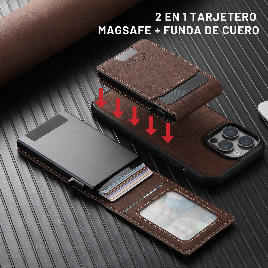 TARJETERO MAGSAFE + FUNDA DE CUERO PARA IPHONE